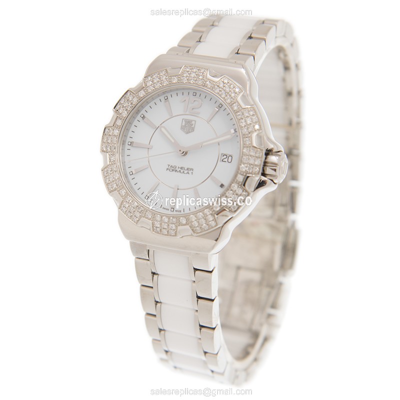 Tag Heuer F1 Quartz Watch - White Dial - Diamond Case - White Steel Strap - View 3