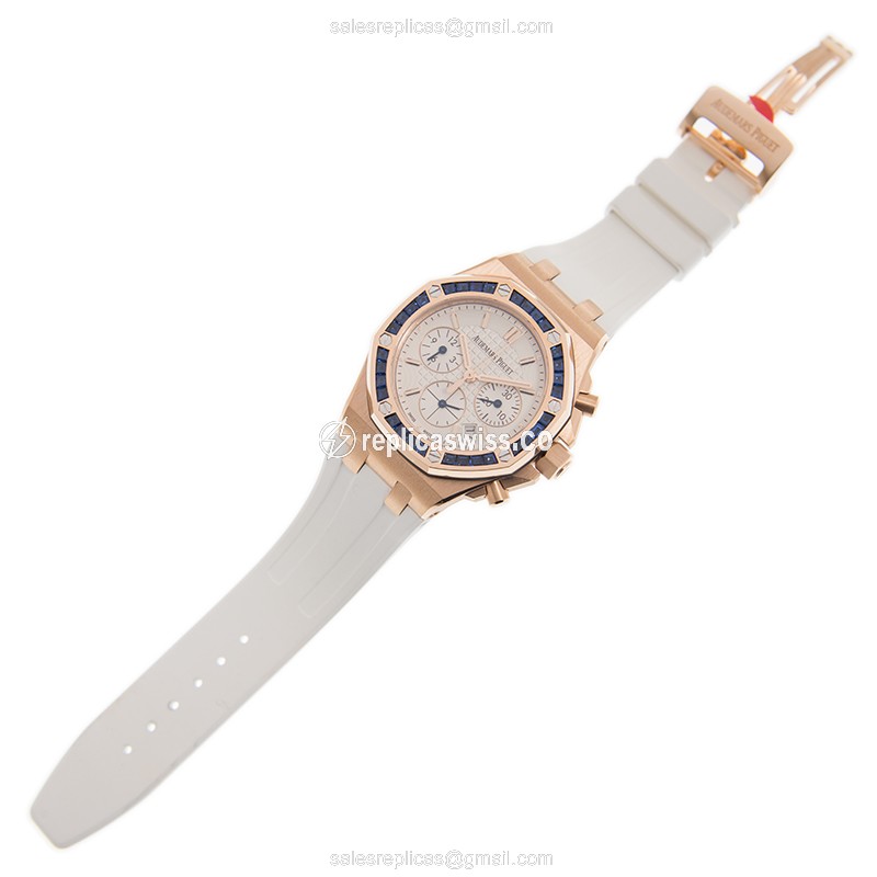 Automatic - 18kt Rose Gold - White Dial - Rubber Strap - AP ROYAL OAK Replica - View 2