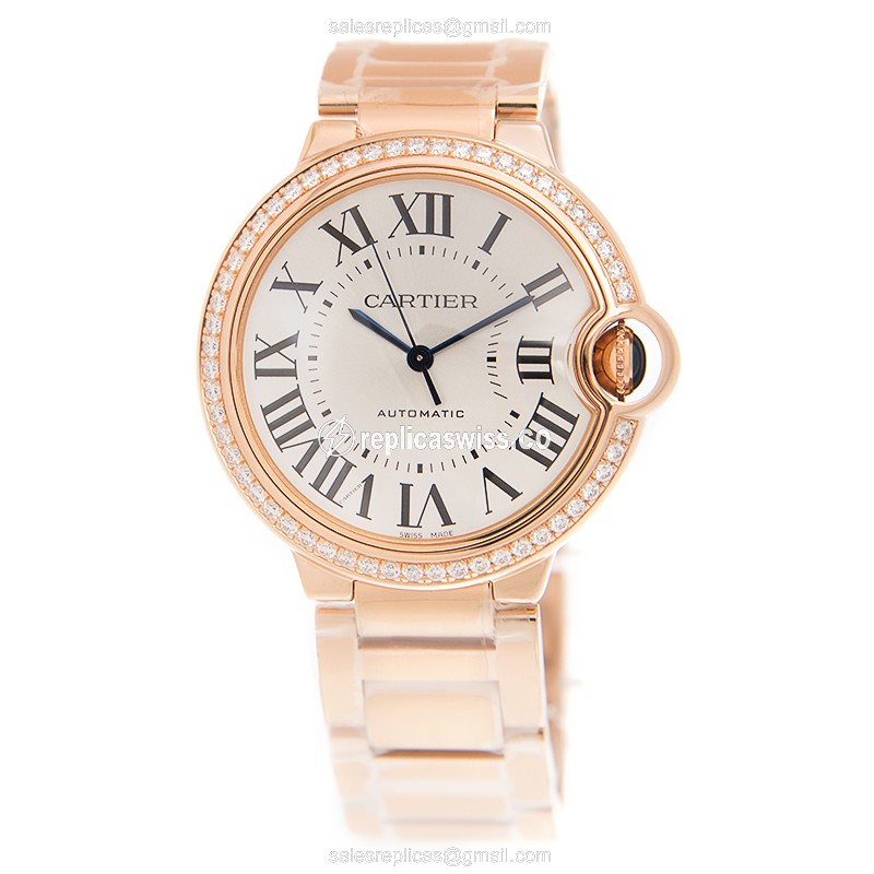 Cartier Ballon Bleu Replica - Automatic - 18kt Rose Gold Case - White Dial - Gold Strap - View 2