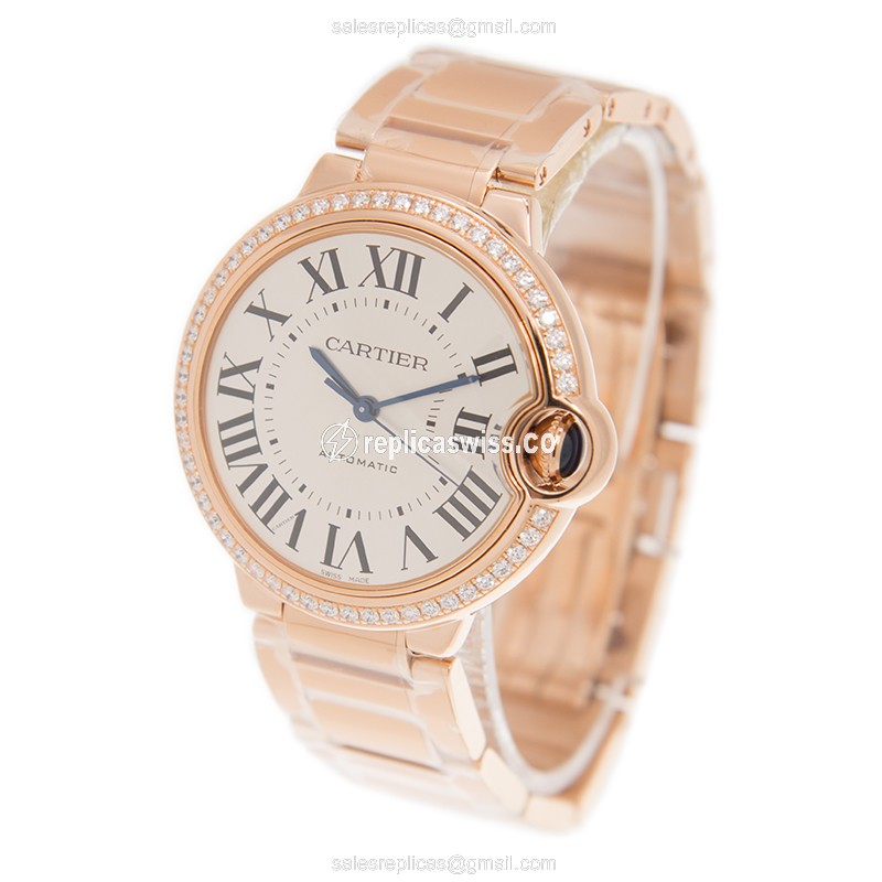 Cartier Ballon Bleu Replica - Automatic - 18kt Rose Gold Case - White Dial - Gold Strap - View 3