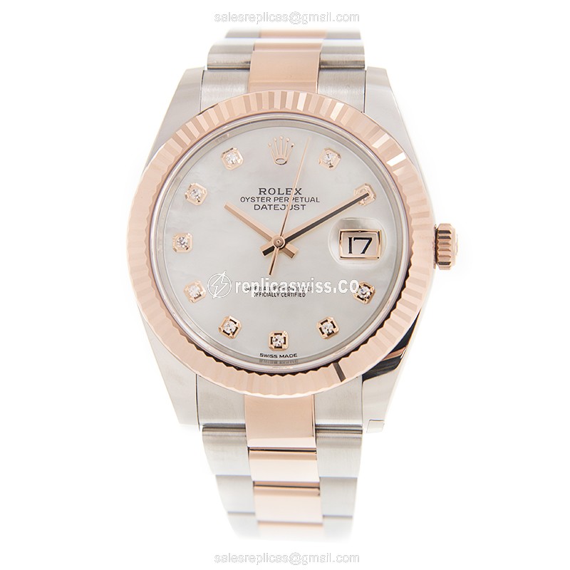 Rolex Datejust Replica - Automatic - 18kt Rose Gold Case - White Dial on Gold Strap - View 2