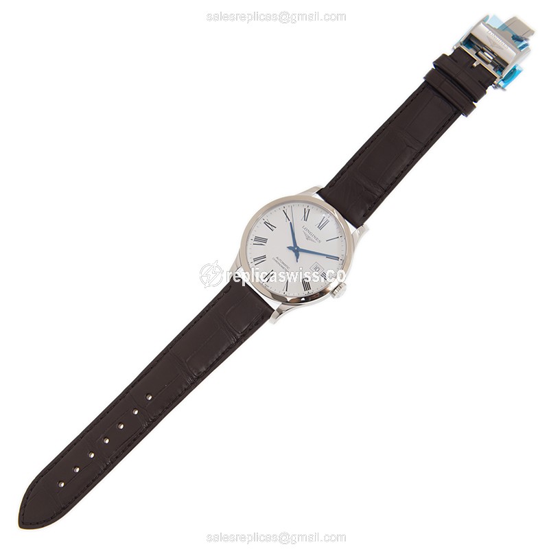 Longines RECORD Replica - Automatic - Stainless Steel - White Dial - Brown Leather Strap - View 2