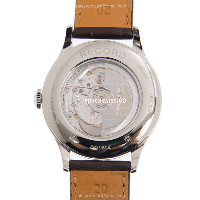 Longines RECORD Replica - Automatic - Stainless Steel - White Dial - Brown Leather Strap - View 3