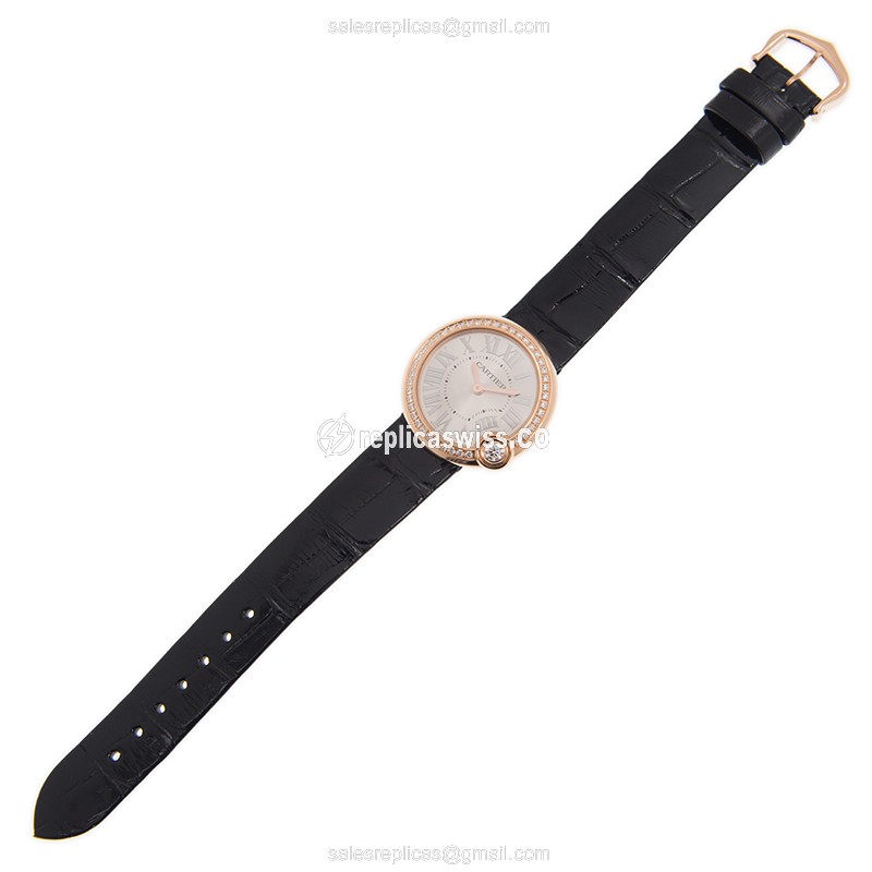 Cartier Ballon Blanc Quartz 18kt Rose Gold - Diamond Dial - Silver - Alligator Black Buckle - View 2