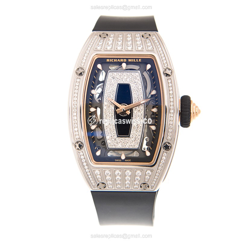 Richard Mille RM07-01 Replica - Automatic - 18kt White Gold - Diamond Set - Silver Dial - Black Rubber Strap - View 2