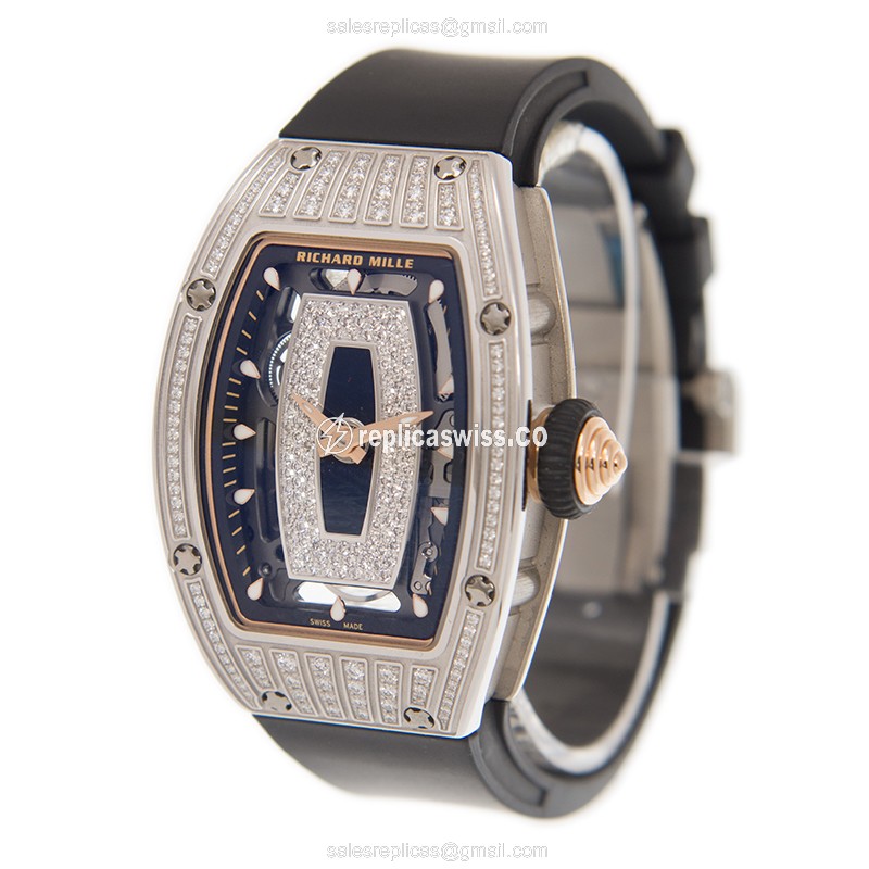 Richard Mille RM07-01 Replica - Automatic - 18kt White Gold - Diamond Set - Silver Dial - Black Rubber Strap - View 3
