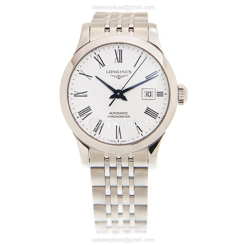 Longines RECORD Replica - Automatic - Steel Case - White Dial, Silver Clasp & Steel Strap - View 2
