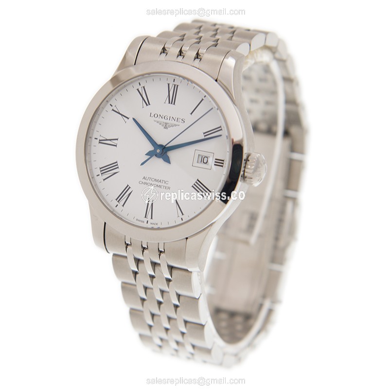 Longines RECORD Replica - Automatic - Steel Case - White Dial, Silver Clasp & Steel Strap - View 3