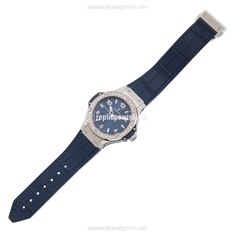Hublot Big Bang Replica - Quartz - Stainless Steel & Diamond - Blue Dial - Alligator Strap - View 2