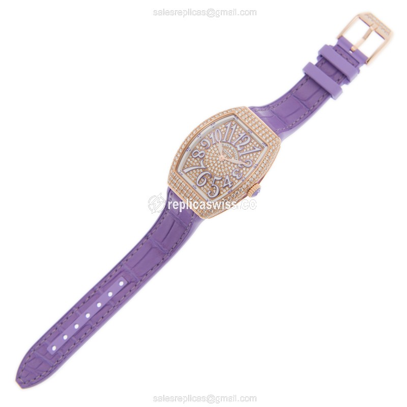 Franck Muller V 32 QZ D CD Vanguard Quartz - 18kt Rose Gold Case, Silver Dial, Leather Purple Strap - View 2