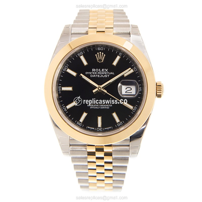 Rolex Datejust Replica - Automatic - 18kt Gold Case - Black Dial, Gold Clasp & Steel Strap - View 2