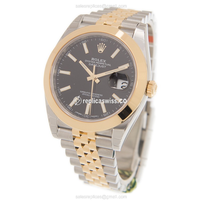 Rolex Datejust Replica - Automatic - 18kt Gold Case - Black Dial, Gold Clasp & Steel Strap - View 3