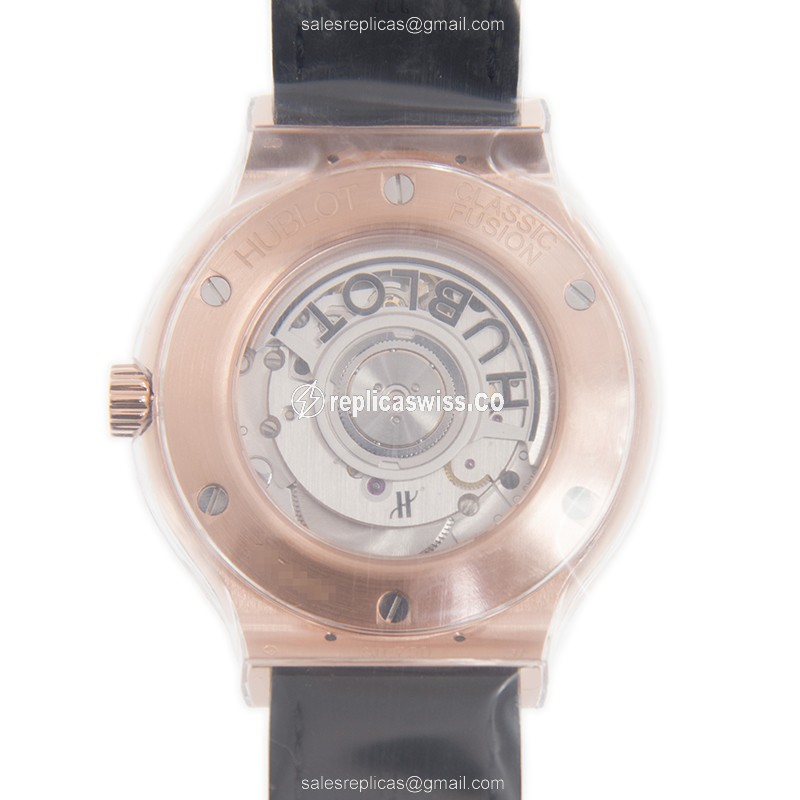 Hublot Classic Fusion Replica - Automatic - 18kt Rose Gold & Diamonds - Black Dial - Leather Strap - View 3