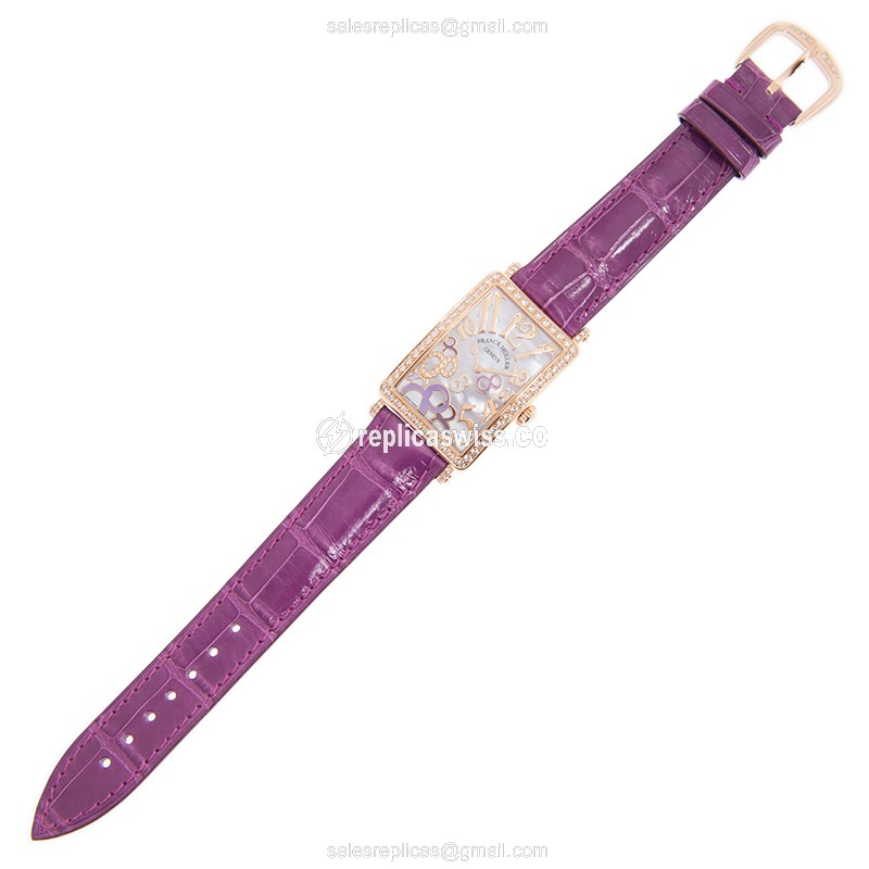 Franck Muller Long Island Replica - Quartz - 18kt Rose Gold - Diamond Accents - Purple Dial - Leather Strap - View 2