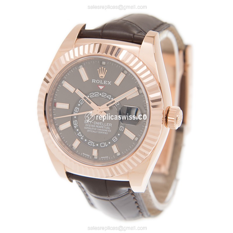 Rolex Sky-Dweller Replica - Automatic - 18kt Gold - Gray Dial, Brown Alligator Strap - View 2