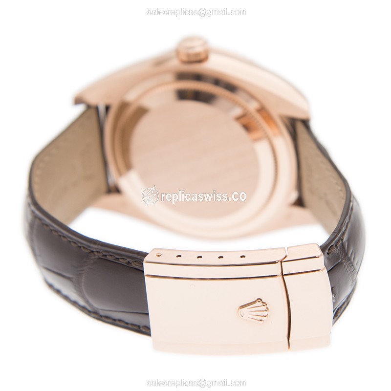 Rolex Sky-Dweller Replica - Automatic - 18kt Gold - Gray Dial, Brown Alligator Strap - View 4