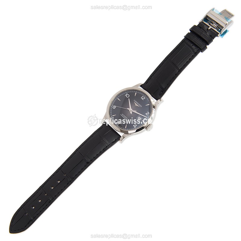 Longines RECORD Replica - Automatic - Black Dial - Steel Case - Alligator Black Strap - View 2