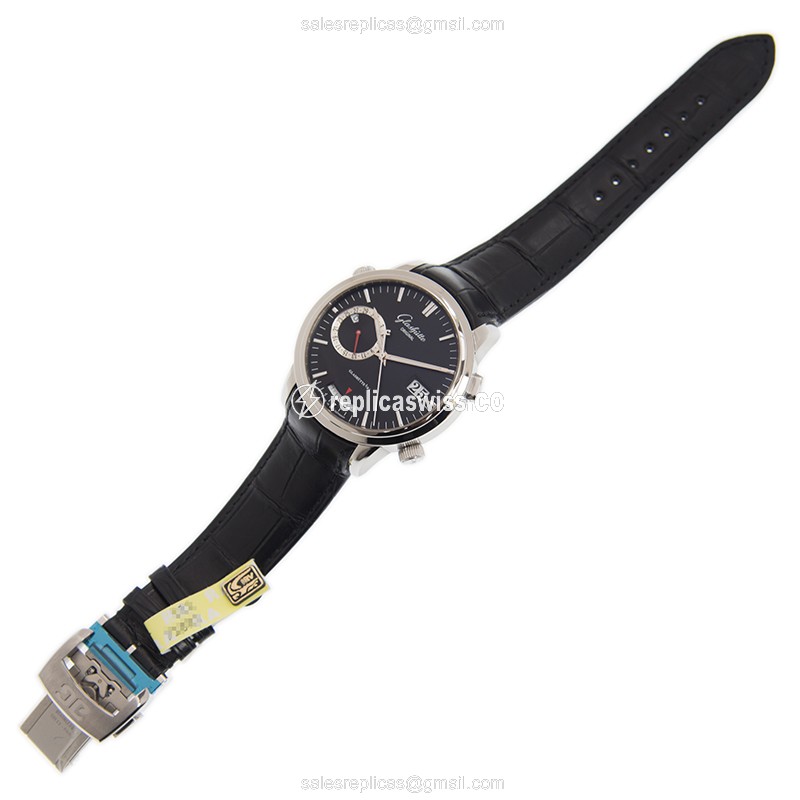 Glashutte Senator Manual Winding Skeletonized - Automatic - Steel Case - Black Dial - Alligator Strap - View 2