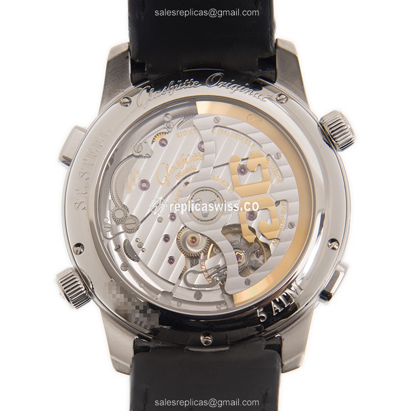 Glashutte Senator Manual Winding Skeletonized - Automatic - Steel Case - Black Dial - Alligator Strap - View 3