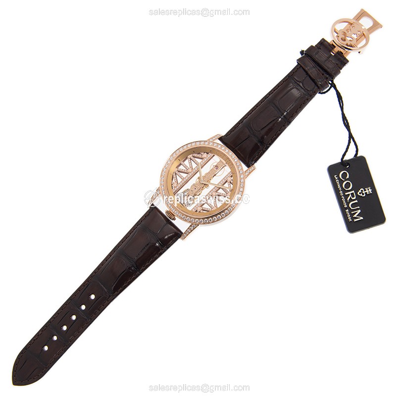 Corum 113.901.85/0F02 BRIDGE - Manual - 18kt Rose Gold - Diamond Skull Dial - Brown Alligator Strap - View 2