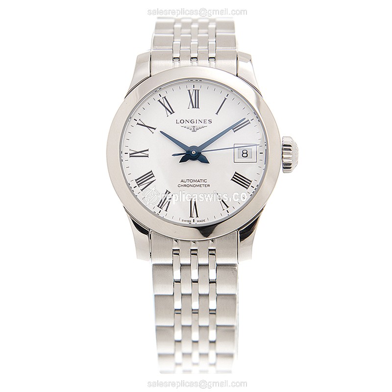 Longines Record Replica - Automatic - Stainless Steel Case - White Dial on Silver Strap - View 2