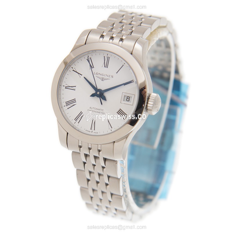Longines Record Replica - Automatic - Stainless Steel Case - White Dial on Silver Strap - View 3
