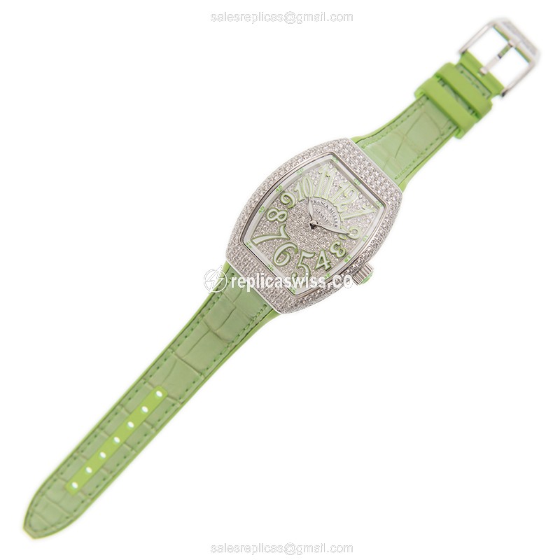 Franck Muller V32 QZ D CD Vanguard Quartz - Diamond Case - Silver Dial - Green Leather Strap - View 2