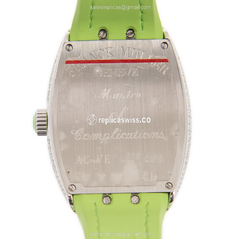 Franck Muller V32 QZ D CD Vanguard Quartz - Diamond Case - Silver Dial - Green Leather Strap - View 3