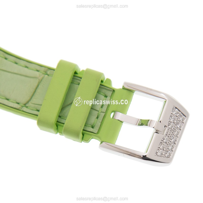 Franck Muller V32 QZ D CD Vanguard Quartz - Diamond Case - Silver Dial - Green Leather Strap - View 4
