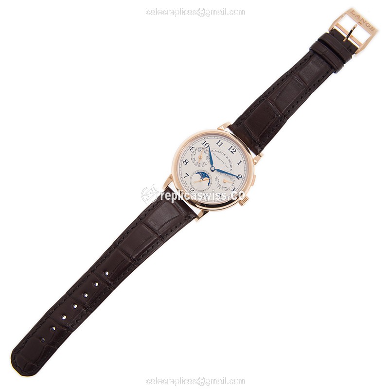 A Lange & Sohne 1815 Chrono - Auto - 18kt Rose Gold - White Dial - Brown Alligator Strap - View 2