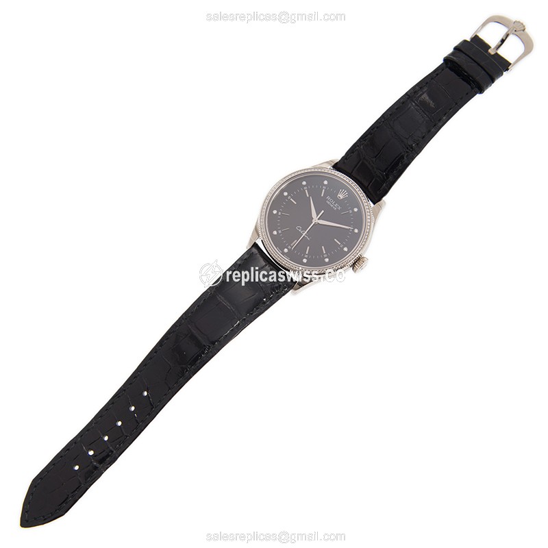 Rolex Cellini Replica - Automatic - 18kt White Gold - Diamond - Black Dial - Leather Strap - View 2