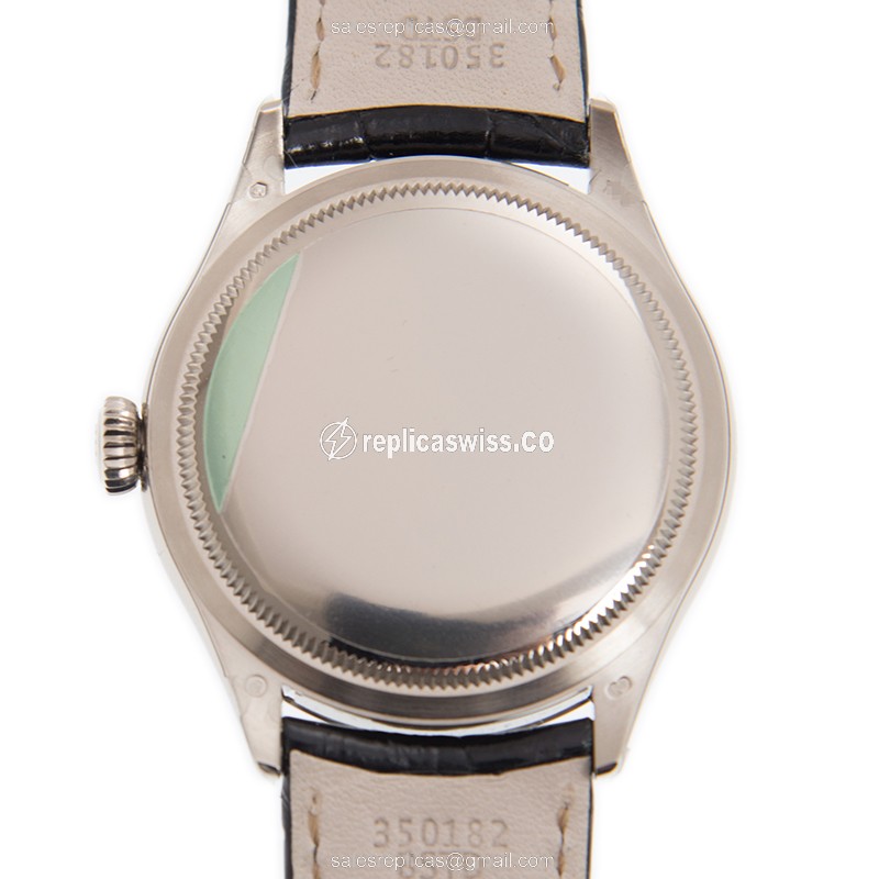 Rolex Cellini Replica - Automatic - 18kt White Gold - Diamond - Black Dial - Leather Strap - View 3