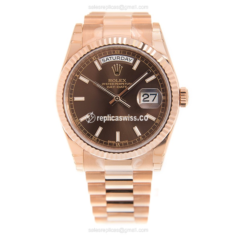 Rolex DAY-DATE Replica - 18kt Rose Gold - Automatic - Brown Dial - Gold Clasp - View 2
