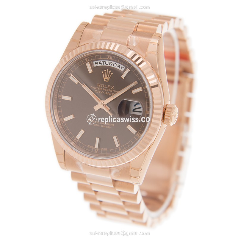 Rolex DAY-DATE Replica - 18kt Rose Gold - Automatic - Brown Dial - Gold Clasp - View 3