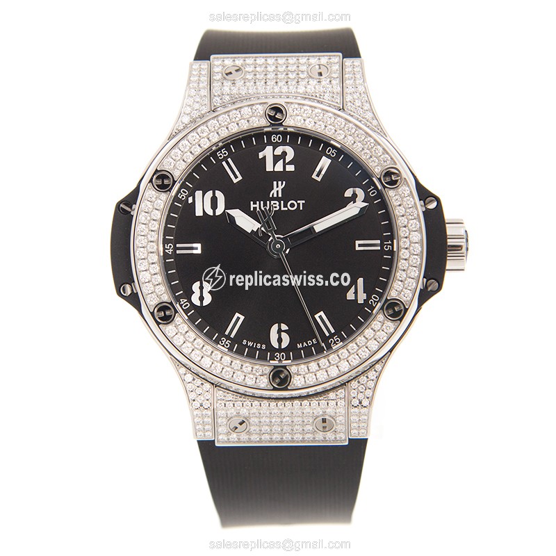 Hublot BIG BANG Quartz - Stainless Steel Case - Black Dial - Diamond Accents - Rubber Strap - Buckle Clasp - View 2
