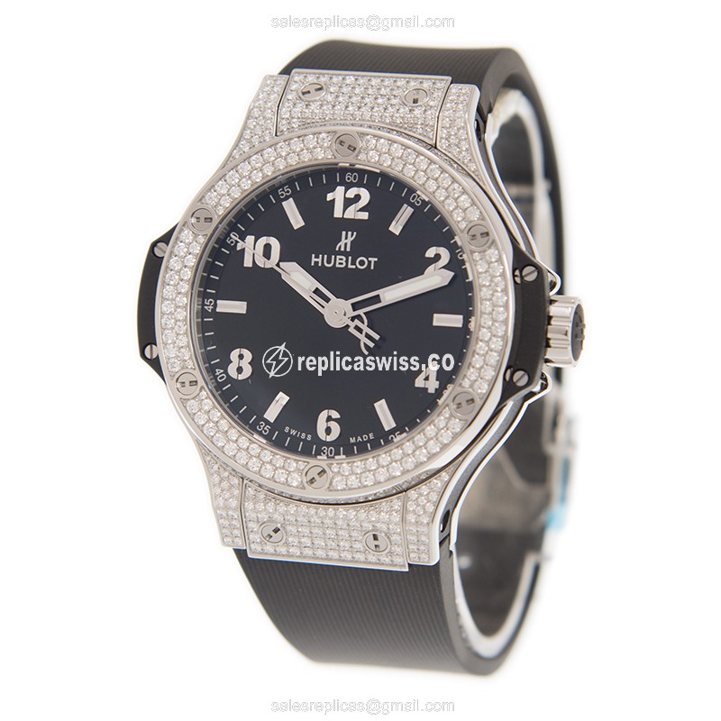 Hublot BIG BANG Quartz - Stainless Steel Case - Black Dial - Diamond Accents - Rubber Strap - Buckle Clasp - View 3