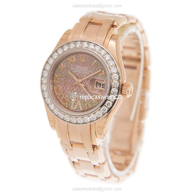 Rolex 80285NRWTLOTUSFLOVIDI OYSTER PERPETUAL Replica - Automatic - 18kt Rose Gold Case - Brown Dial on Gold Strap - View 3