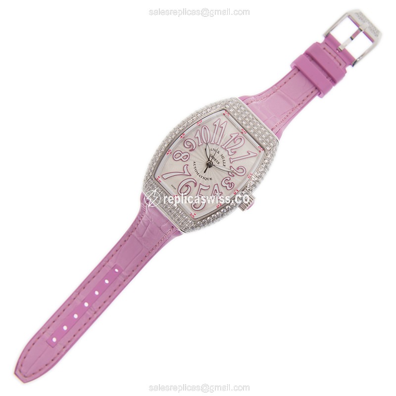 Franck Muller V 35 SC AT FO D Vanguard Automatic - Diamond Case, White Dial, Pink Leather Strap - View 2
