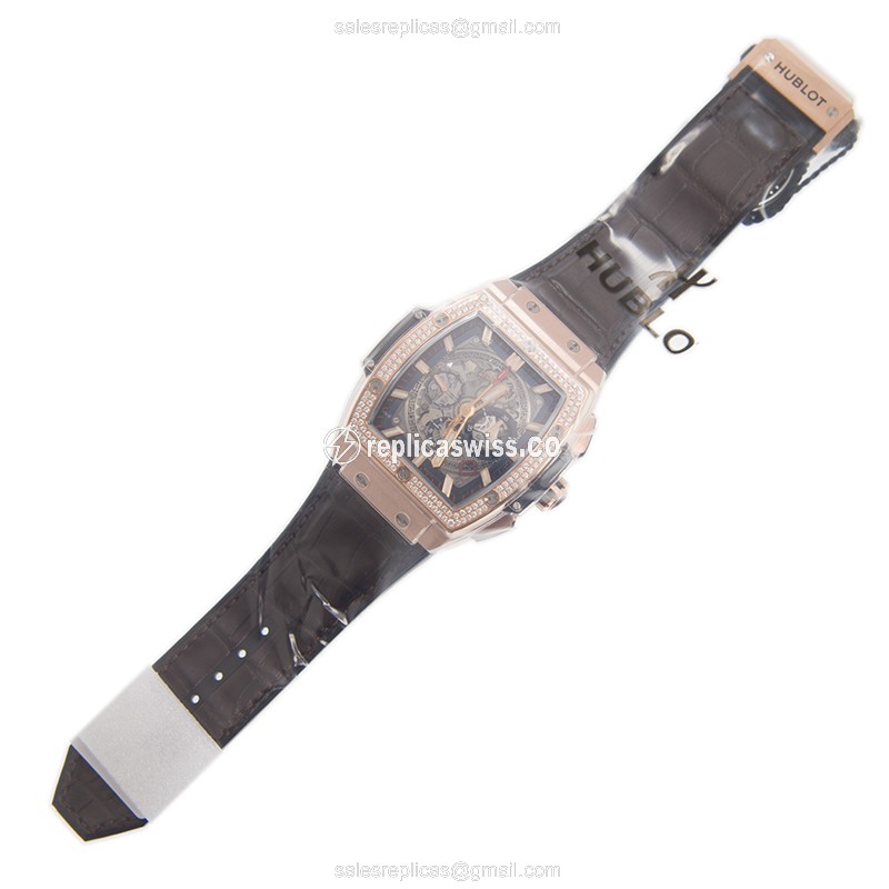 Hublot BIG BANG Replica - Automatic - 18kt Rose Gold - Diamonds - Gray Dial - Brown Alligator Strap - View 2