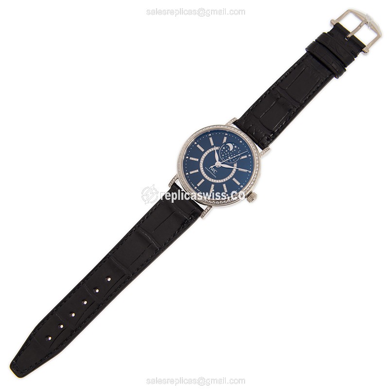 IWC Portofino Replica - Automatic 18kt White Gold & Diamond - Black Dial, Leather Strap - View 2
