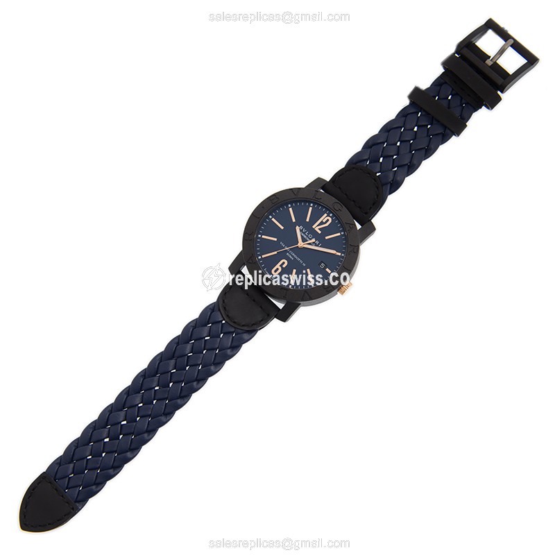 Bulgari BBP40C3CGLD Replica - Automatic - PVD Titanium - Blue Dial - Leather Blue Strap - View 2
