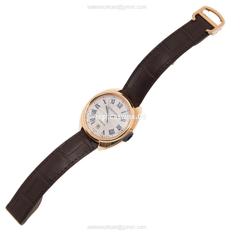 Cartier WGCL0004 CLe DE CARTIER Replica - Auto - 18kt Rose Gold - White Dial - Red Alligator Strap - View 2