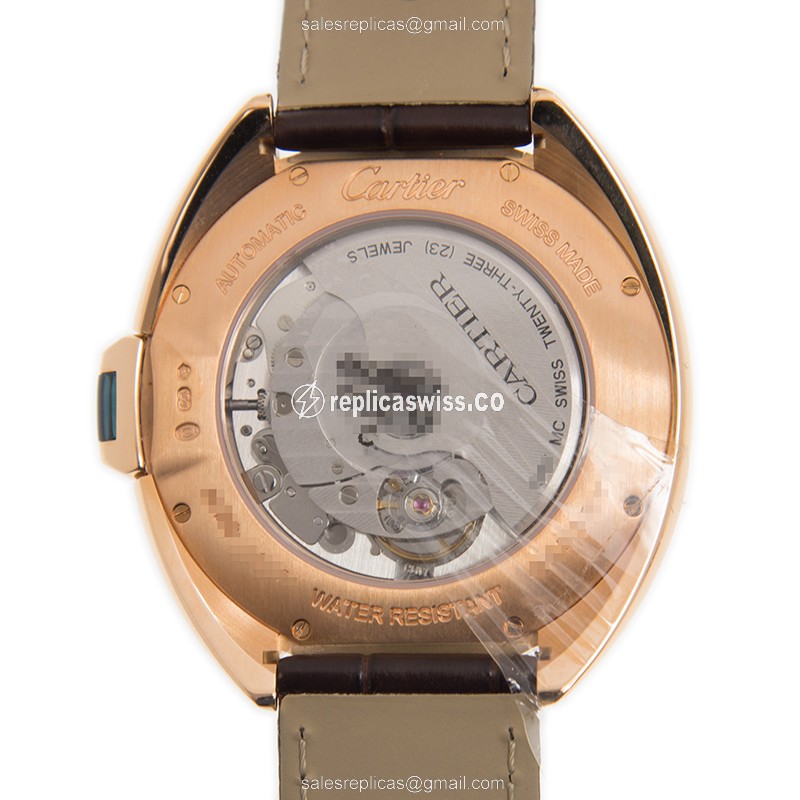 Cartier WGCL0004 CLe DE CARTIER Replica - Auto - 18kt Rose Gold - White Dial - Red Alligator Strap - View 3