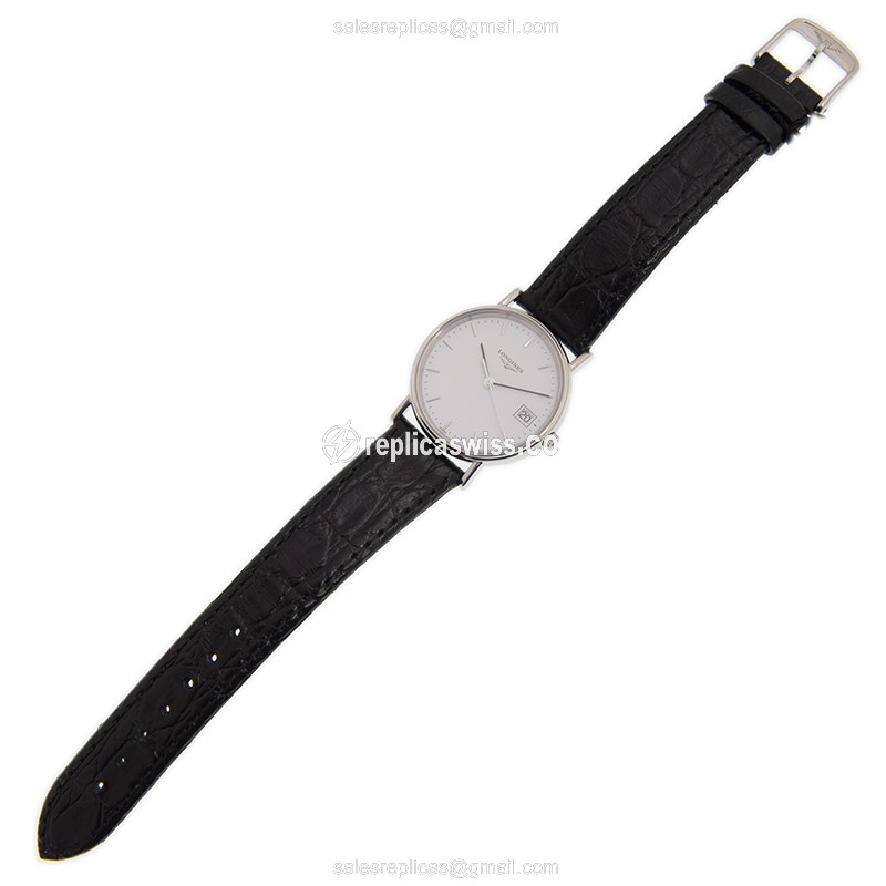 Longines Presence Quartz Steel - White Dial - Leather Black Strap - Buckle Clasp - View 2