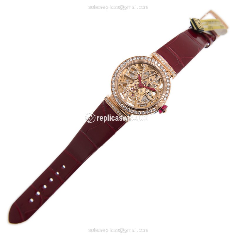 Bulgari LVCEA Replica - Automatic 18kt Rose Gold & Diamond Dial - Red Alligator Strap - Buckle Clasp - View 2