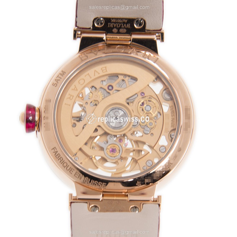 Bulgari LVCEA Replica - Automatic 18kt Rose Gold & Diamond Dial - Red Alligator Strap - Buckle Clasp - View 3