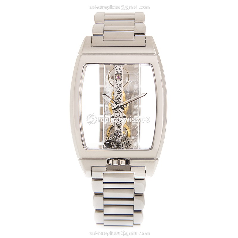 Corum Bridge Replica - Manual Wind - 18kt White Gold - Transparent Dial - Silver Clasp - View 2