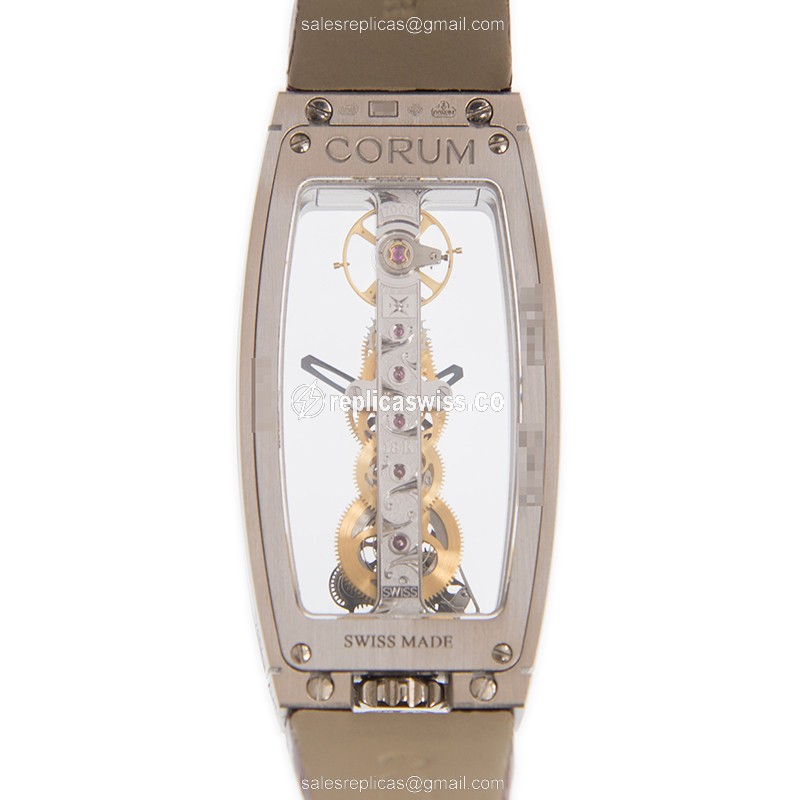 Corum Bridge Replica - Manual Wind - 18kt White Gold - Transparent Dial - Red Alligator Strap - View 3