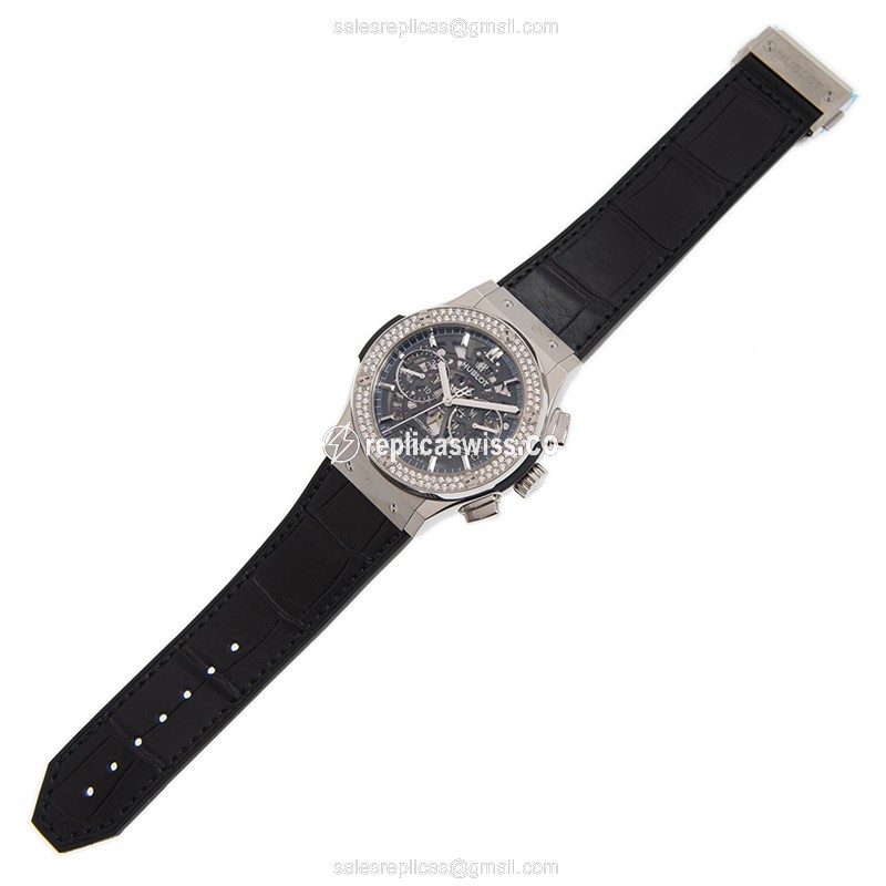 Hublot Classic Fusion Replica - Automatic - Diamond Case - Black - Leather Strap - View 2