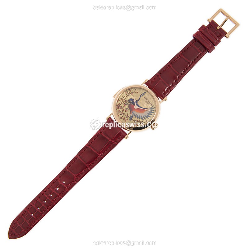 Patek Philippe 7000/50R-001 RARE HANDCRAFTS - Auto 18kt Rose Gold Case - Gold Dial - Red Alligator Strap - Buckle Clasp - View 2